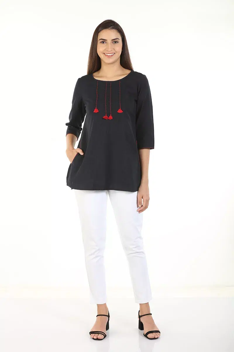 Dark Grey Embroidered Ladies Tops Indian Style