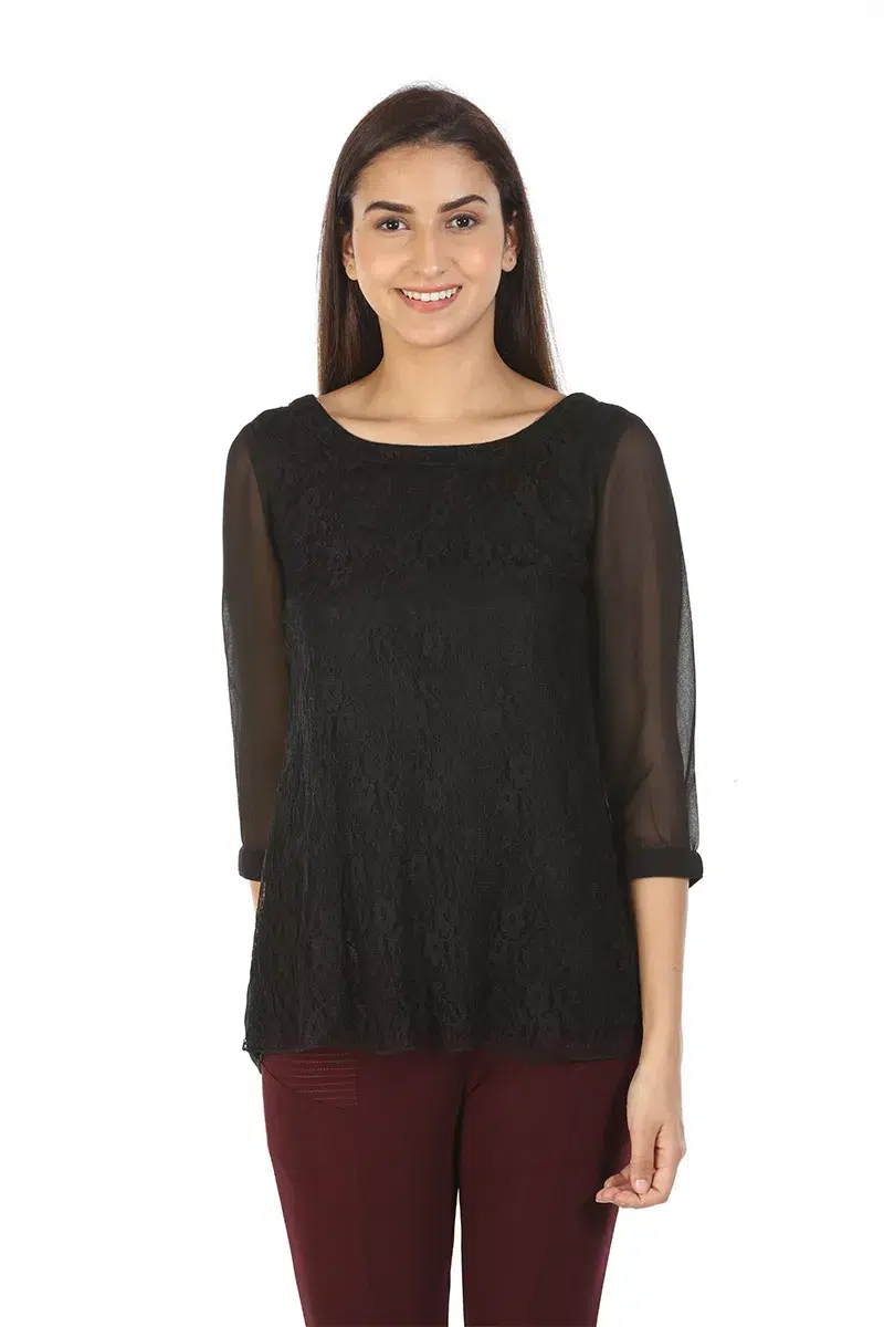 Black Lace Print Women Top Casual