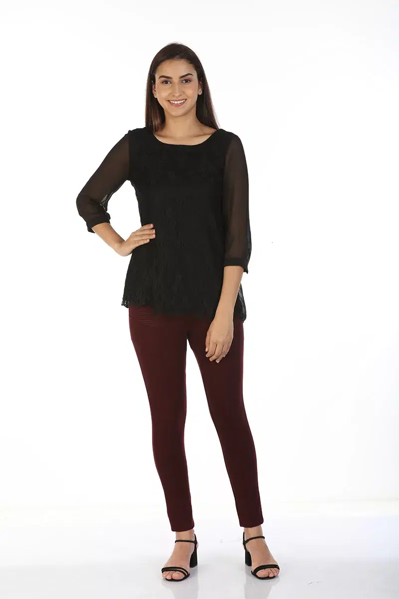 Black Lace Print Women Top Casual