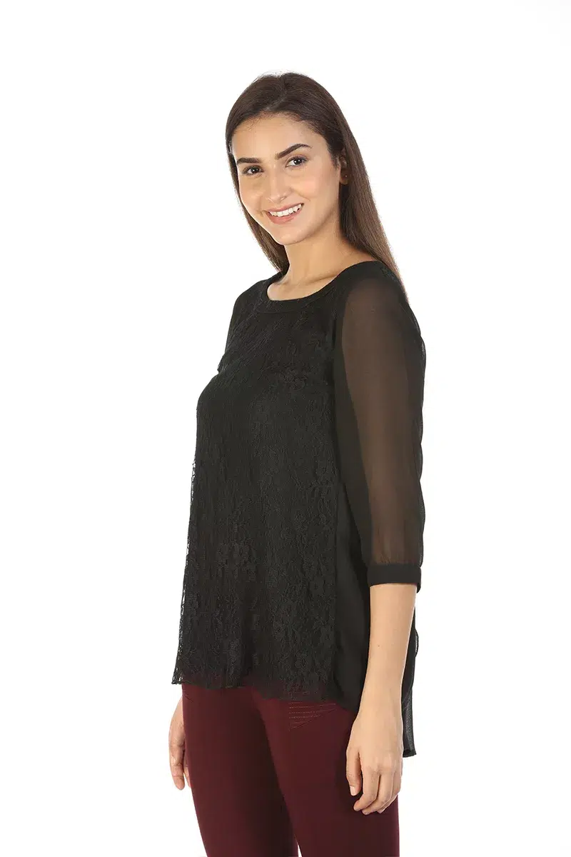 Black Lace Print Women Top Casual