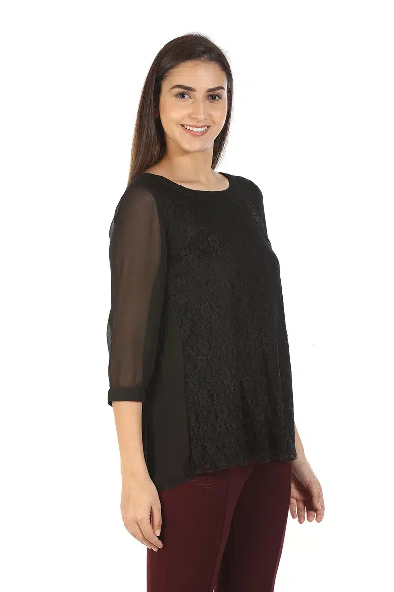 Black Lace Print Women Top Casual
