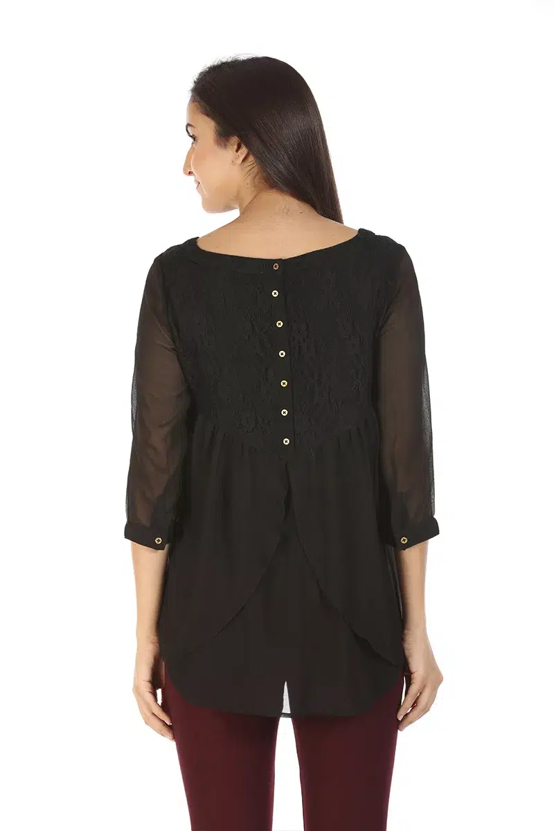 Black Lace Print Women Top Casual