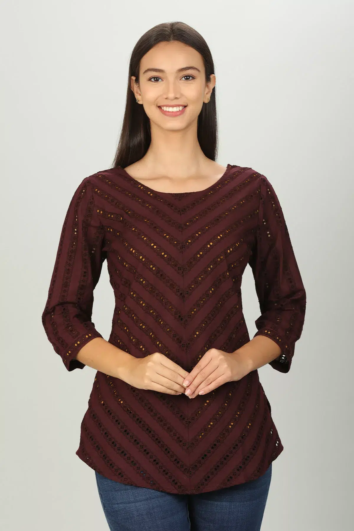 Brown Schiffli Women Top Trendy