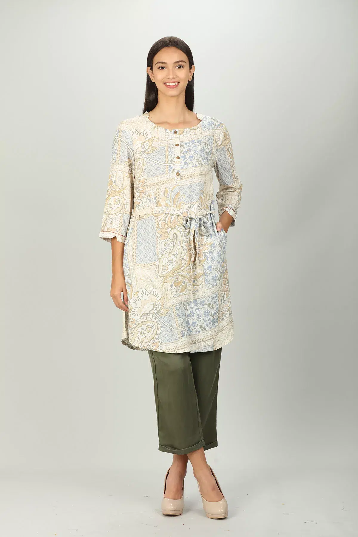 Cream Floral Printed Woman Tunic Top