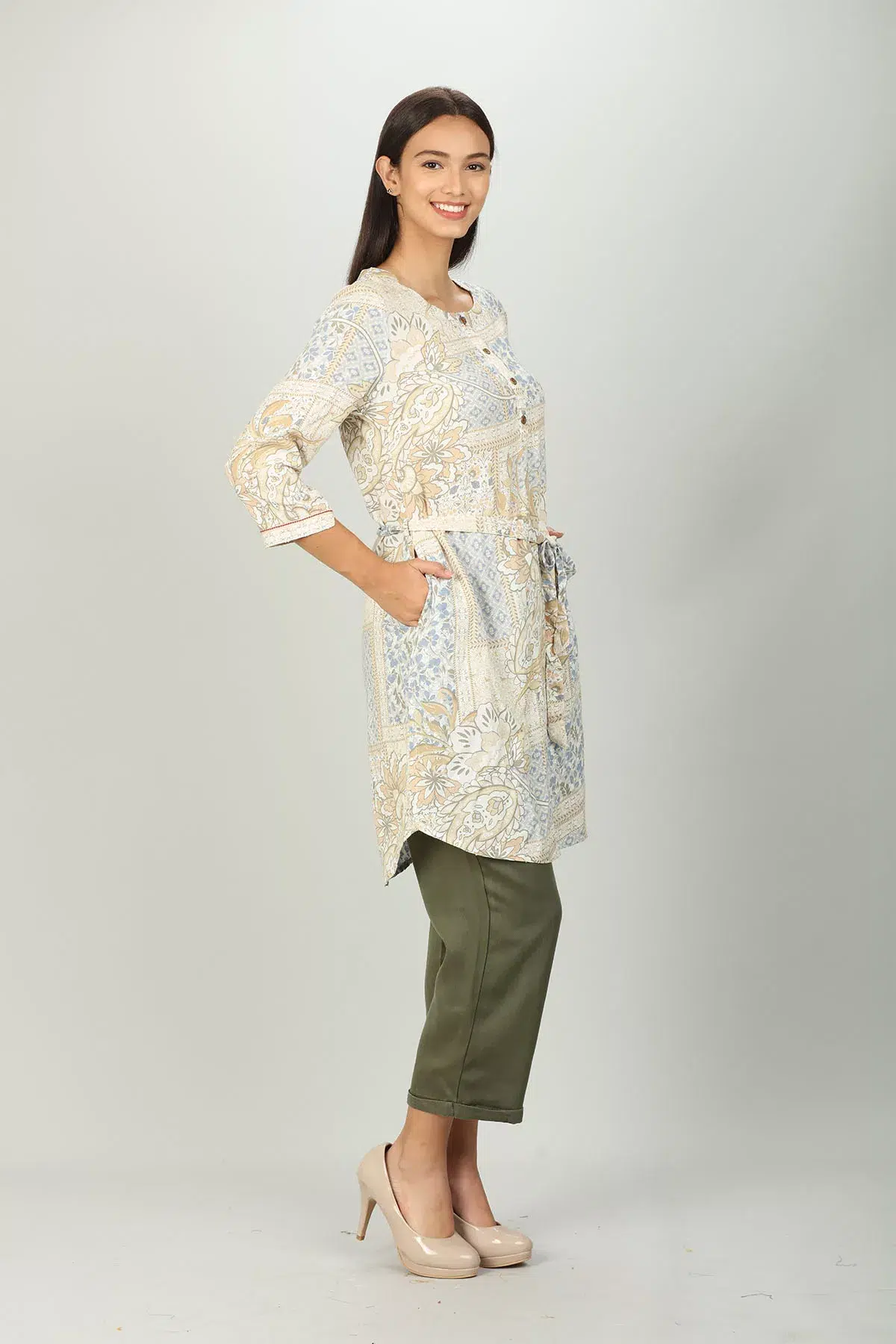 Cream Floral Printed Woman Tunic Top