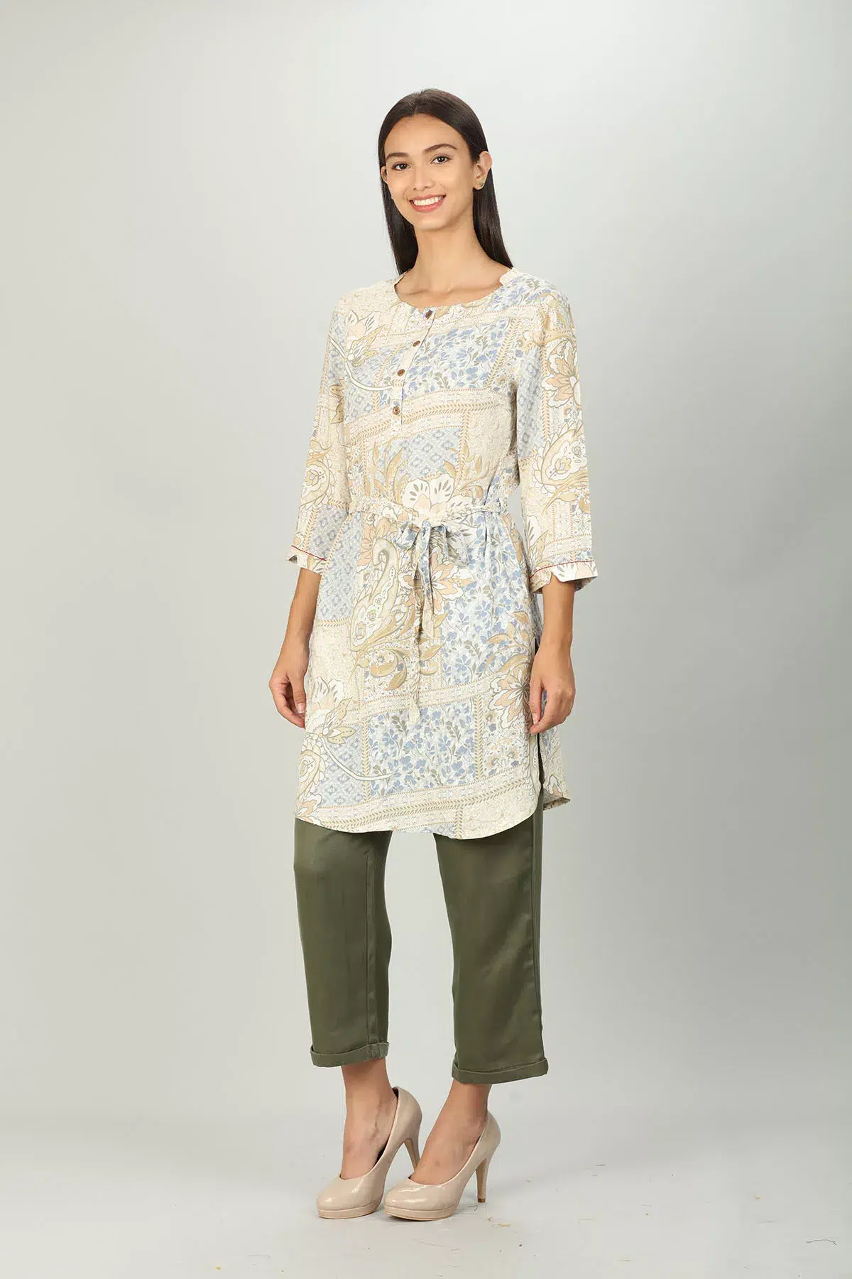 Cream Floral Printed Woman Tunic Top
