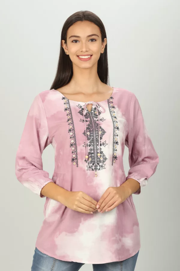 Light Pink Tie And Dye Printed Ladies Top