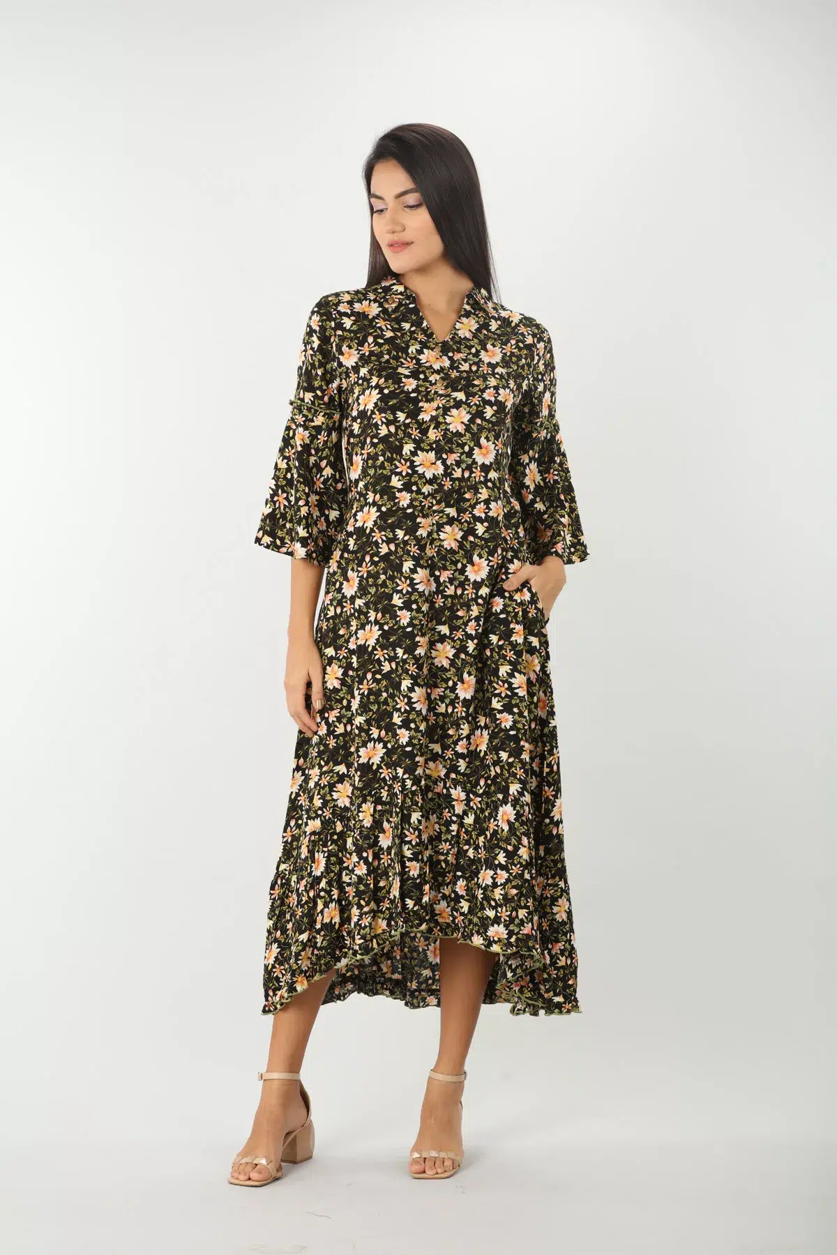 Printed Black Floral Print Dress For Women