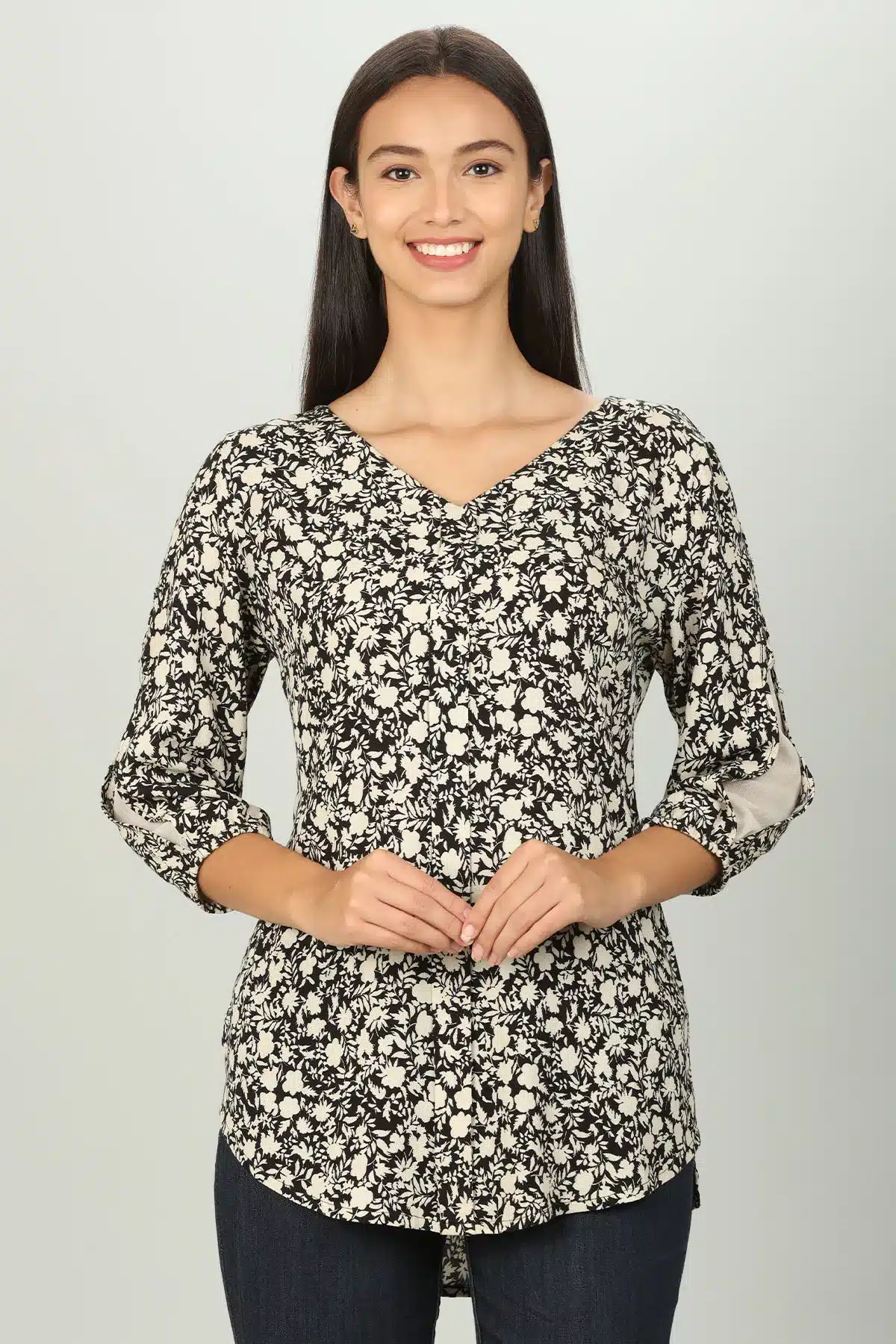 Black And White Floral Printed Ladies Tops Online