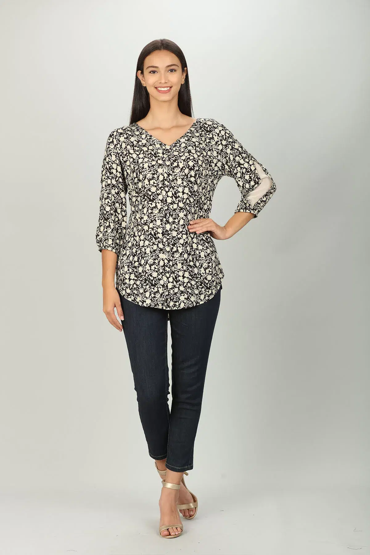 Black And White Floral Printed Ladies Tops Online