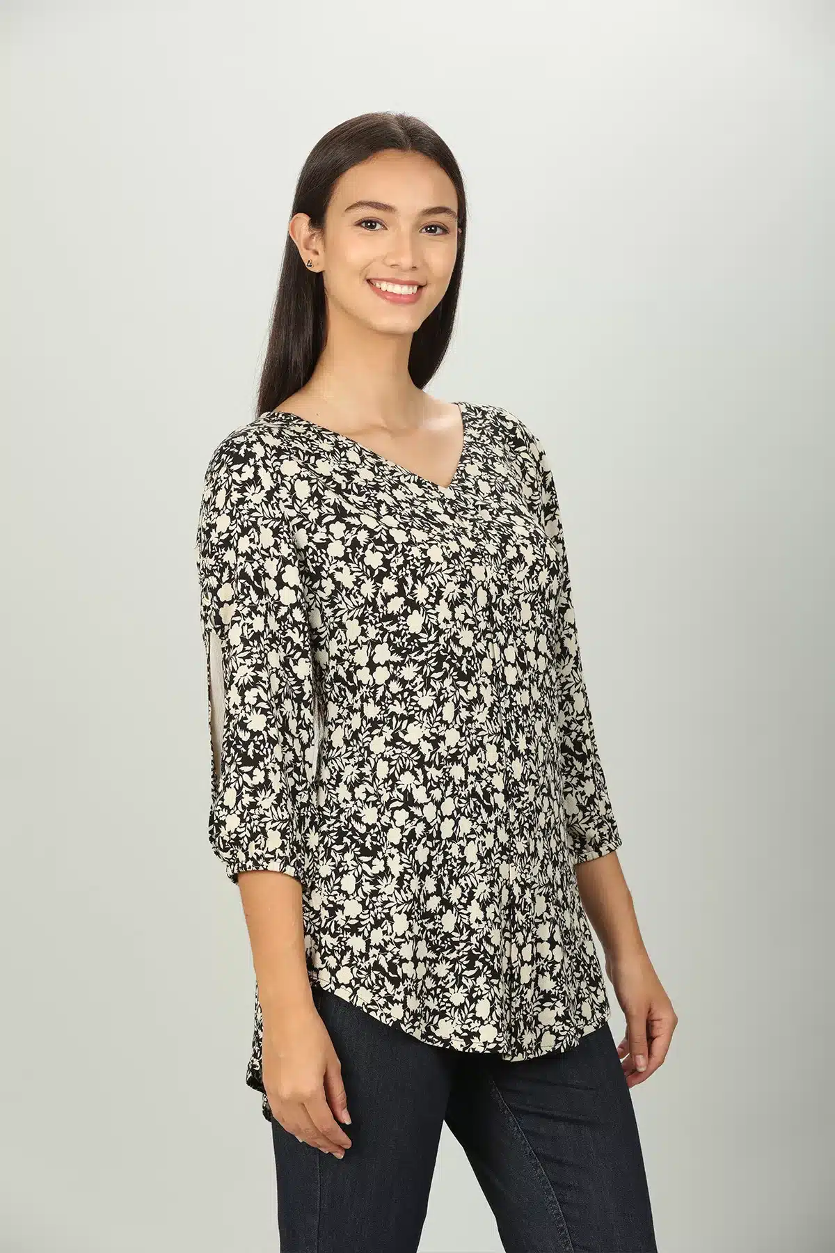 Black And White Floral Printed Ladies Tops Online