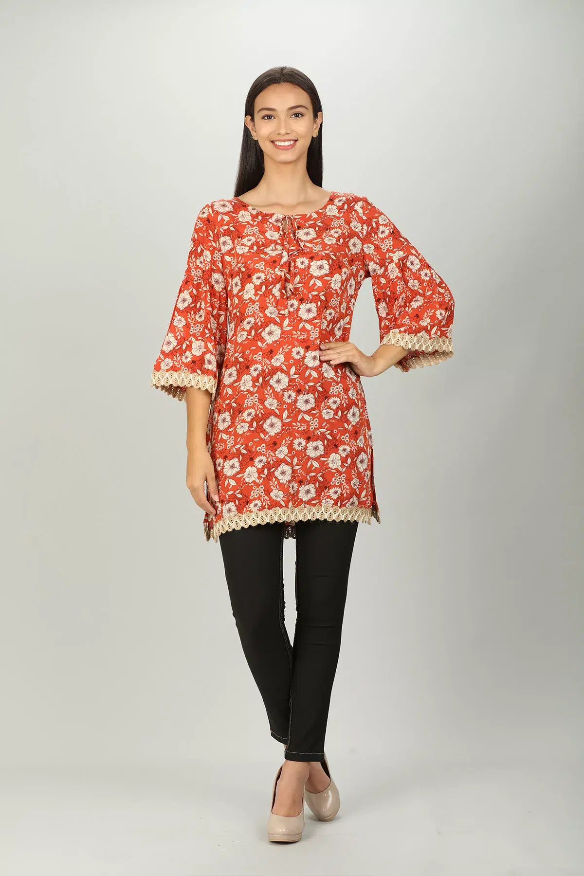 Rust Red Floral Printed Female Top