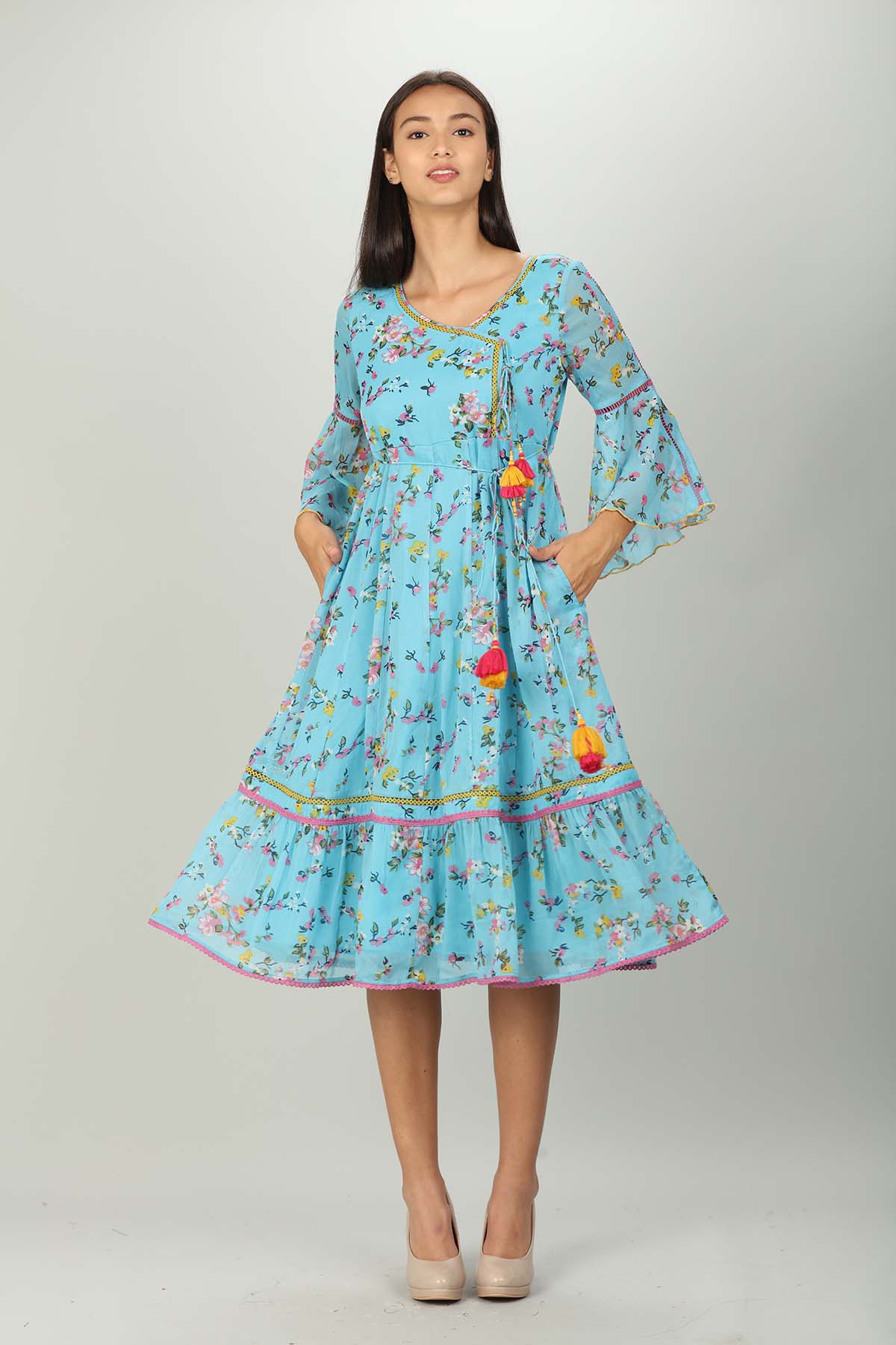 Printed Blue Floral Dress Women