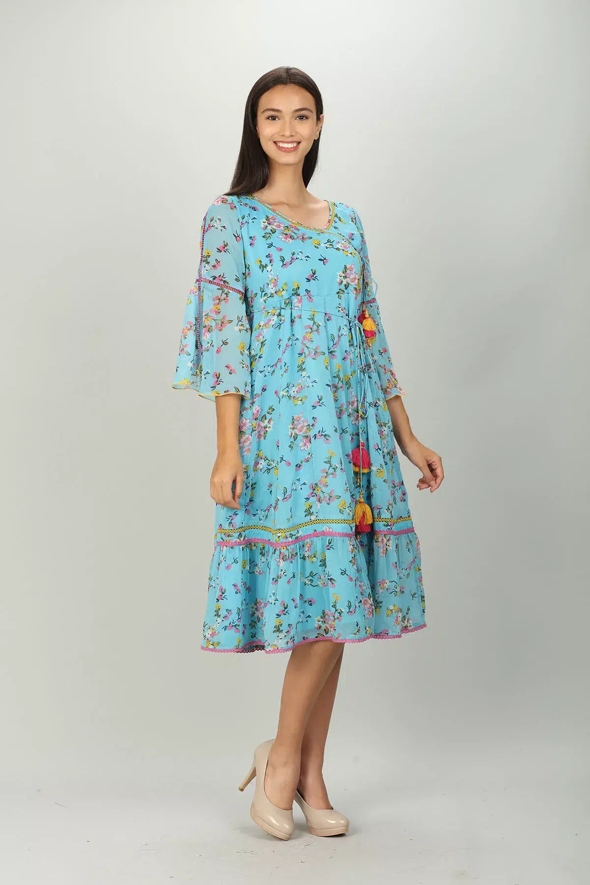 Printed Blue Floral Dress Women