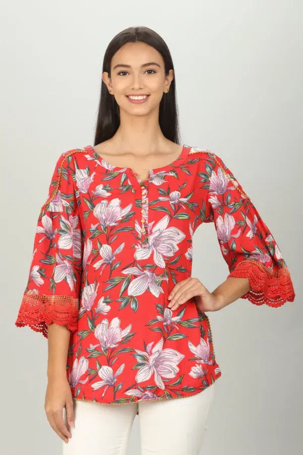 Red Floral Printed Ladies Tops Latest