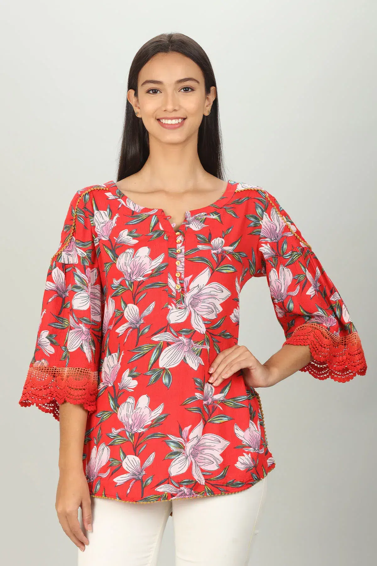 Red Floral Printed Ladies Tops Latest