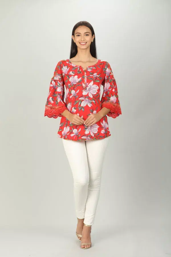 Red Floral Printed Ladies Tops Latest