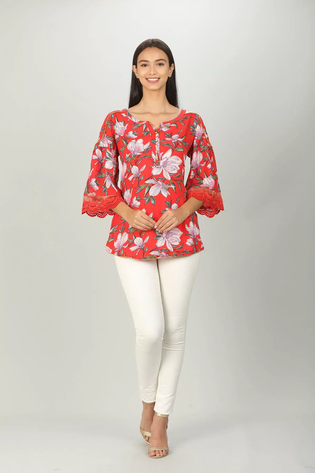 Red Floral Printed Ladies Tops Latest