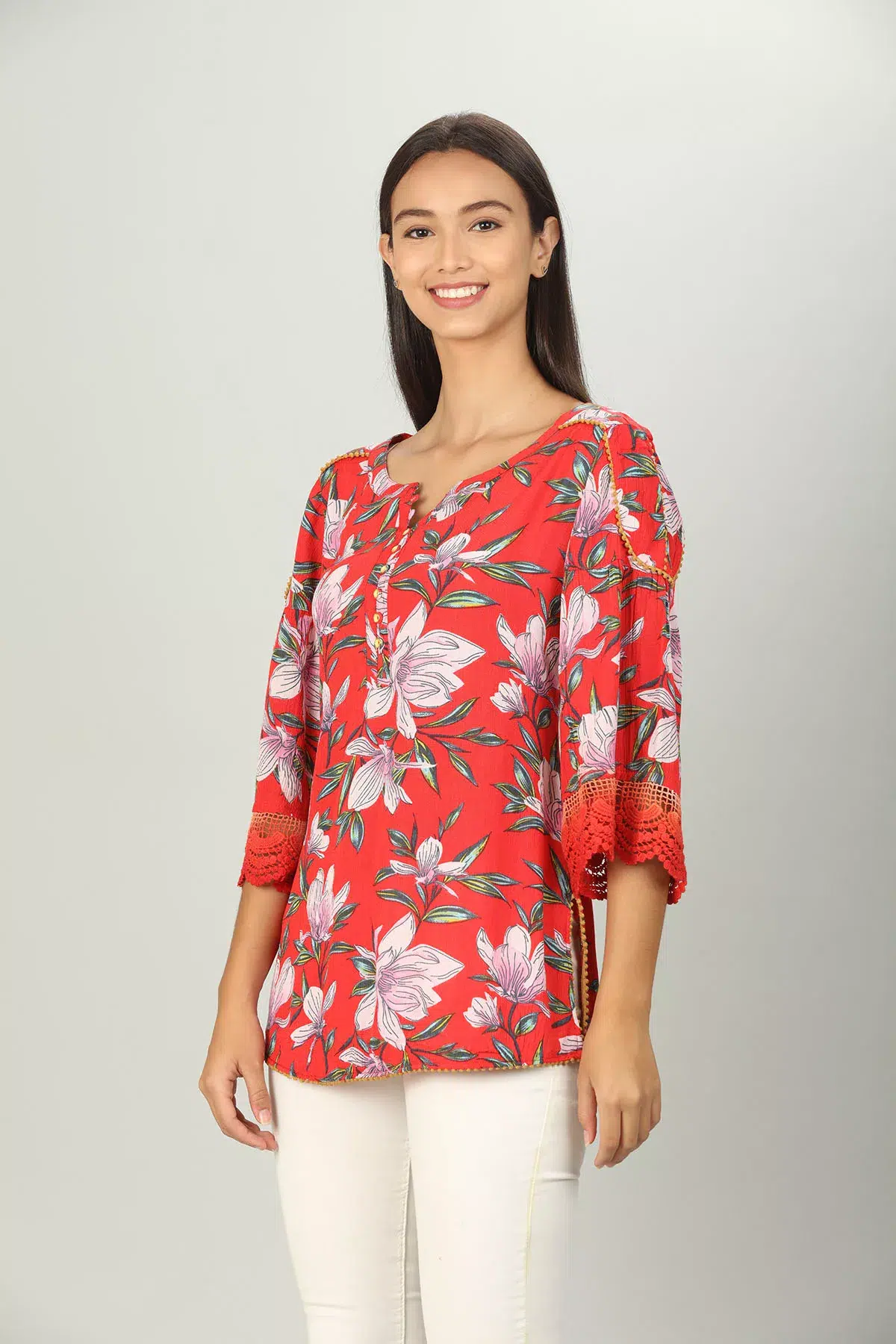 Red Floral Printed Ladies Tops Latest