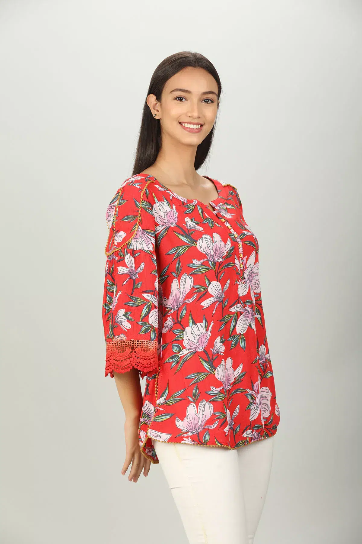 Red Floral Printed Ladies Tops Latest
