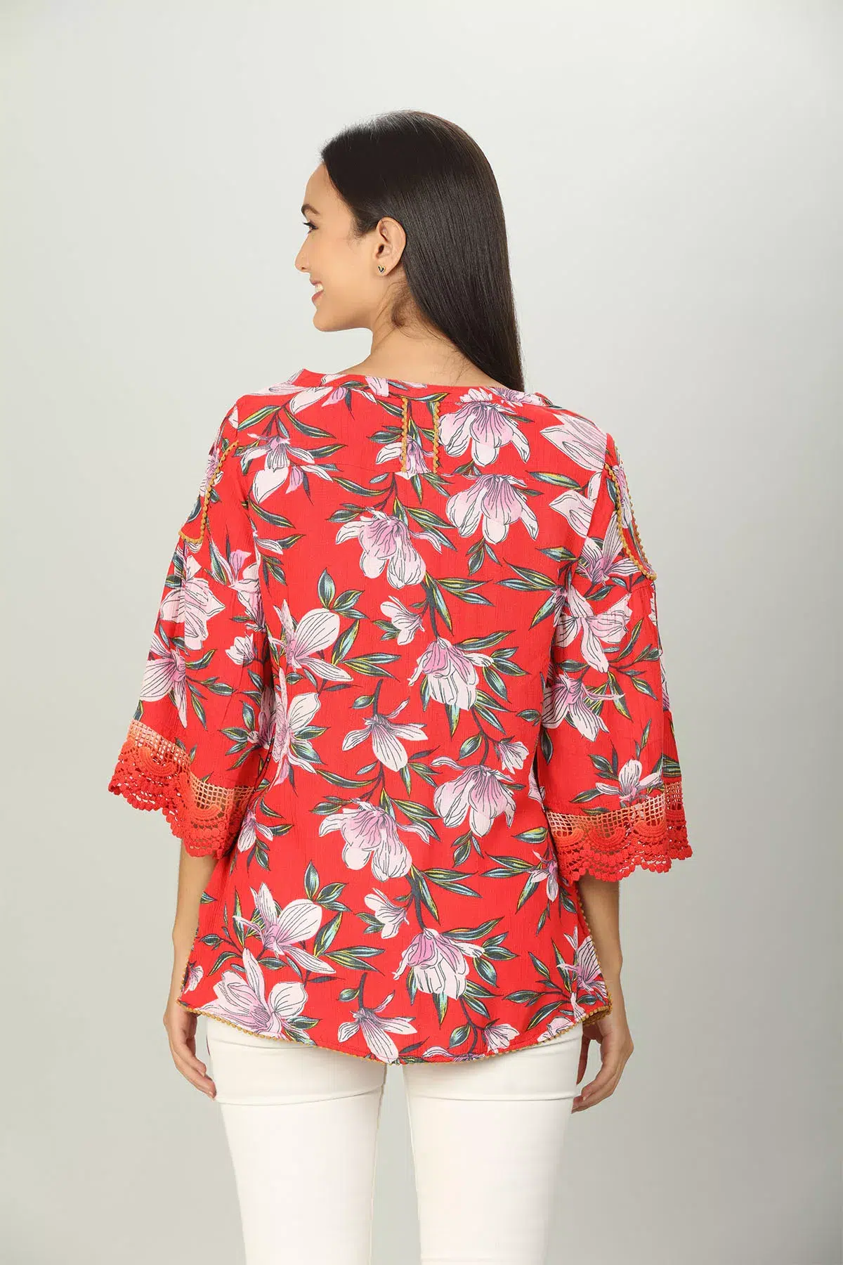 Red Floral Printed Ladies Tops Latest