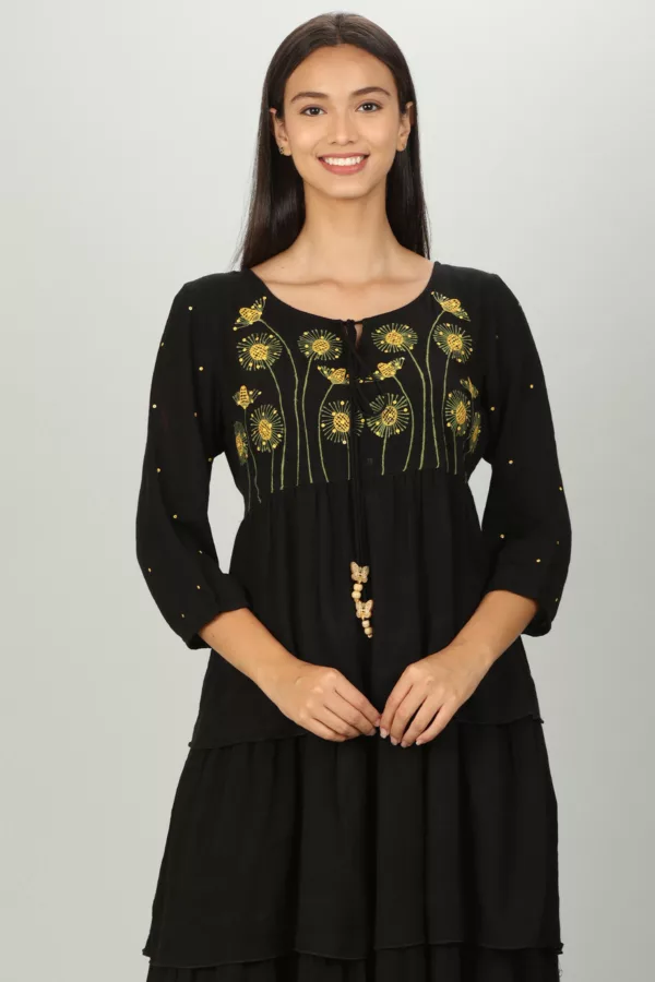 Embroidered Women's Black Dress With Sleeves