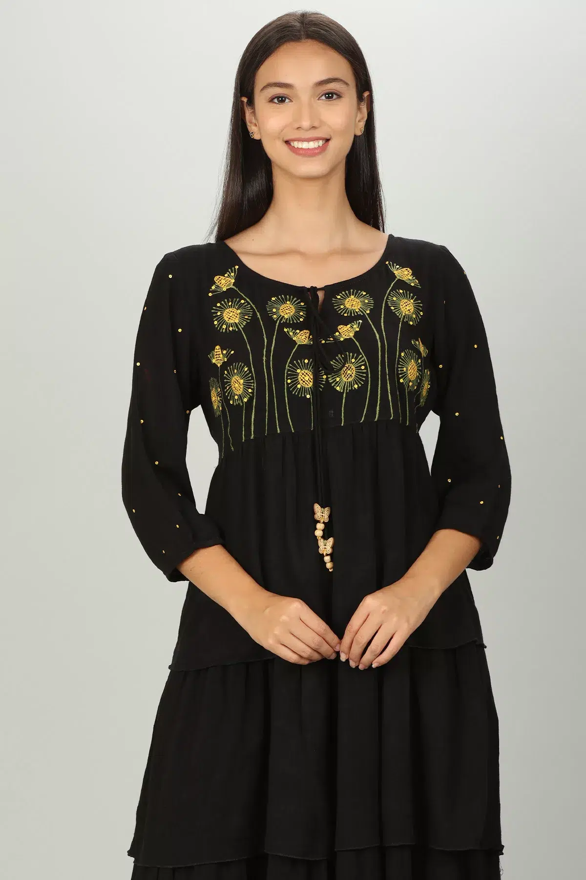 Embroidered Women's Black Dress With Sleeves