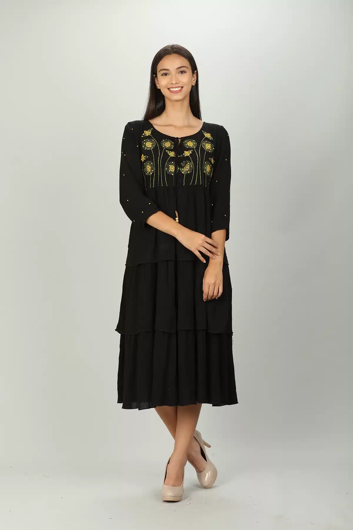 Embroidered Women's Black Dress With Sleeves