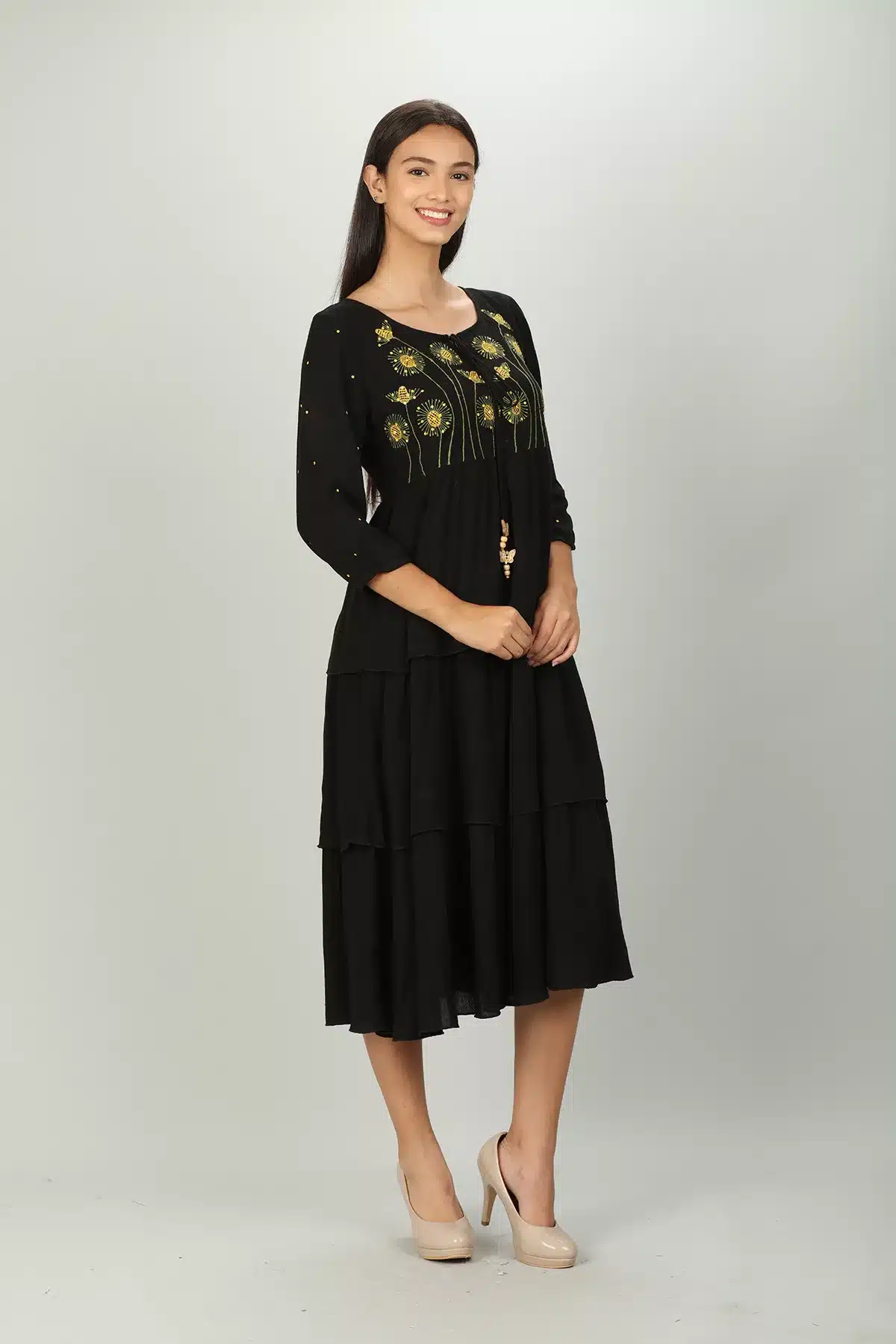 Embroidered Women's Black Dress With Sleeves