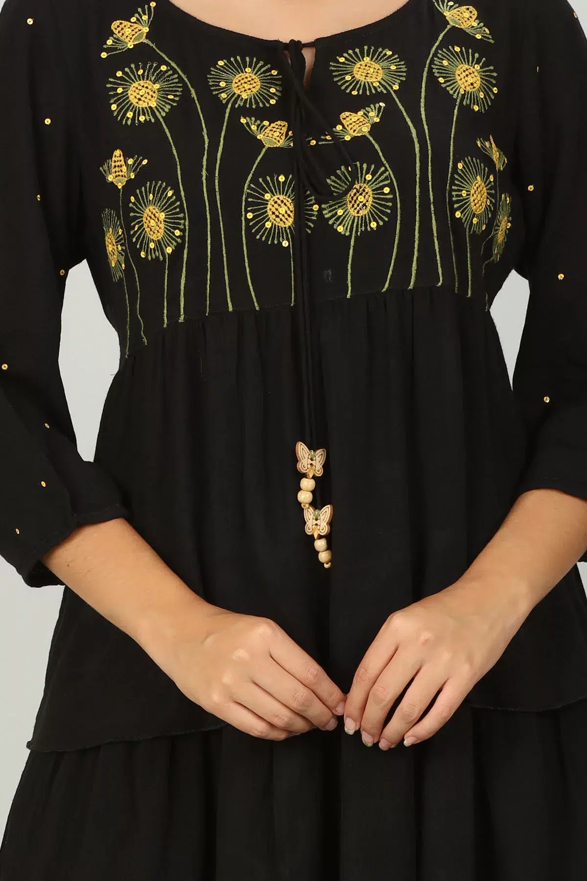 Embroidered Women's Black Dress With Sleeves