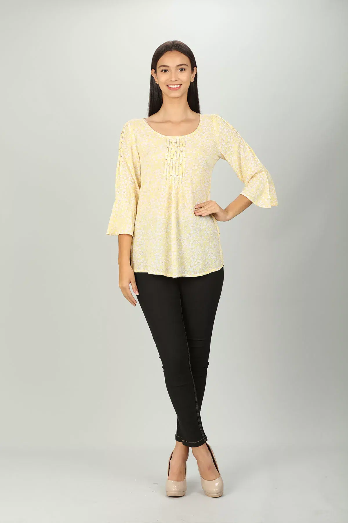 Light Yellow Printed Ladies Top Fancy