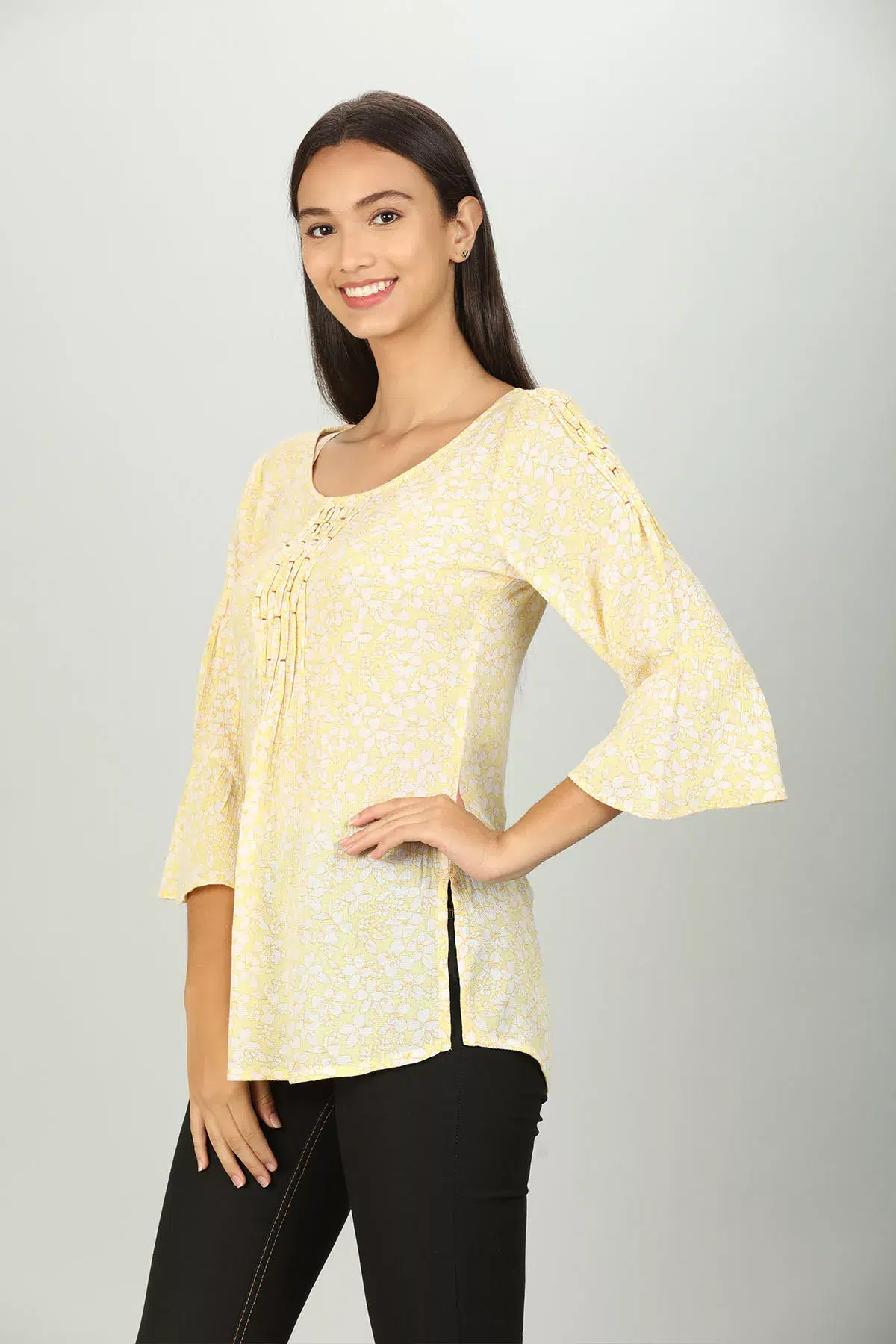 Light Yellow Printed Ladies Top Fancy