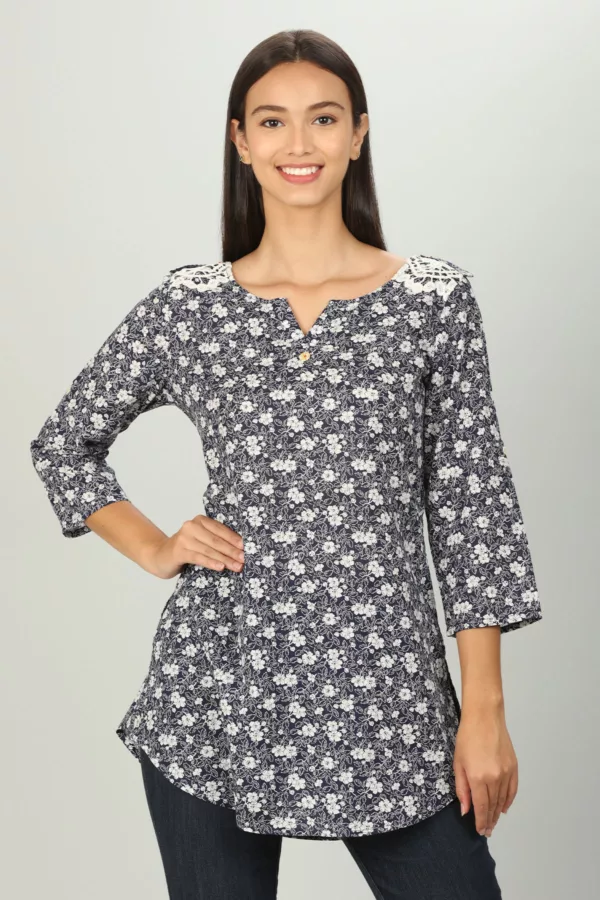 Blue Floral Printed Women Tops Casual