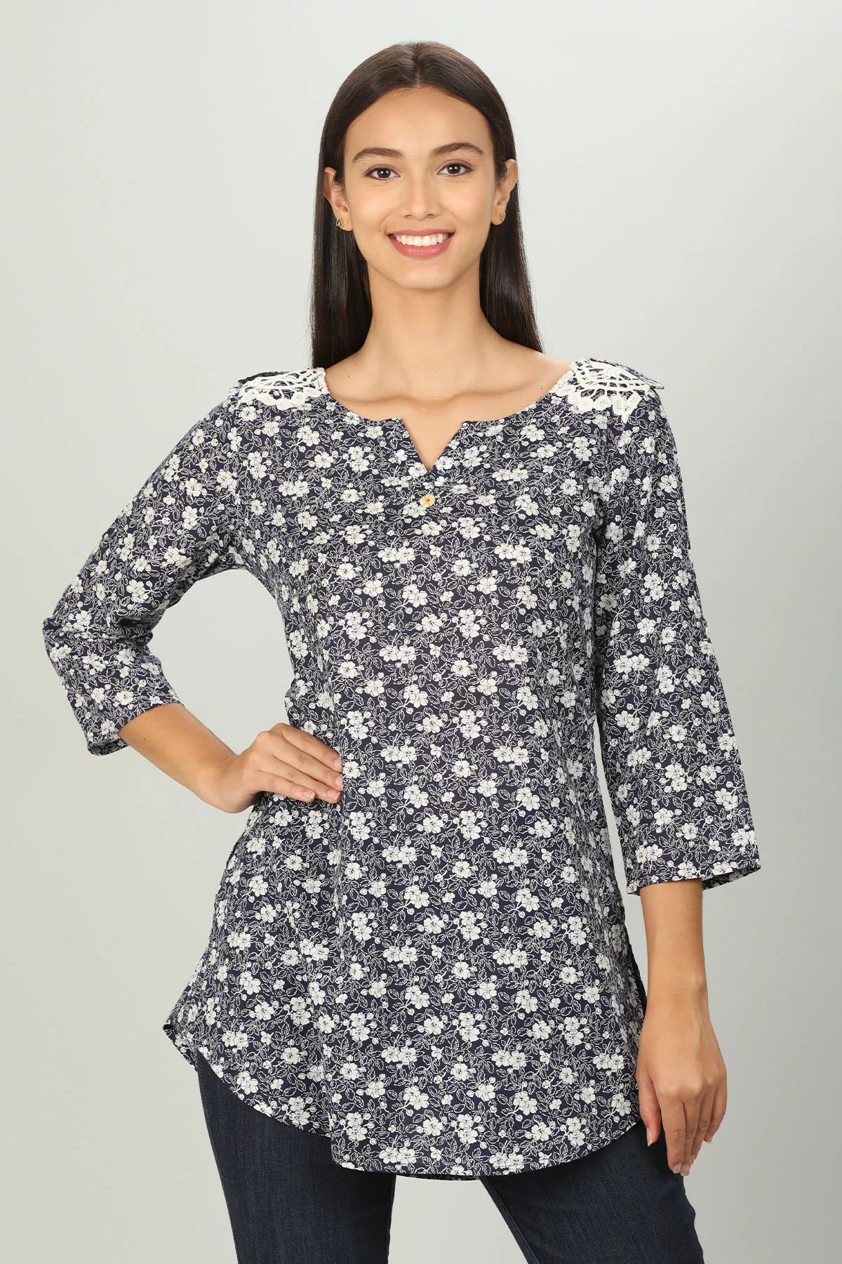 Blue Floral Printed Women Tops Casual