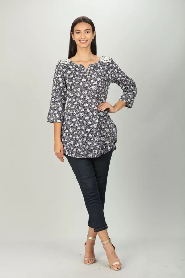 Blue Floral Printed Women Tops Casual