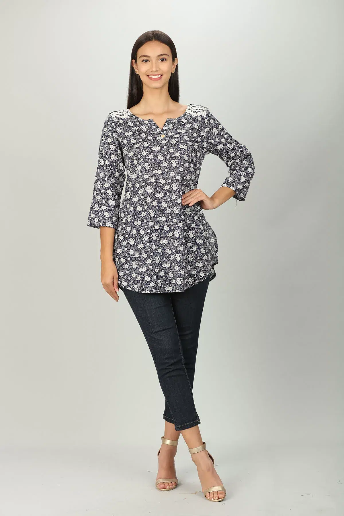 Blue Floral Printed Women Tops Casual
