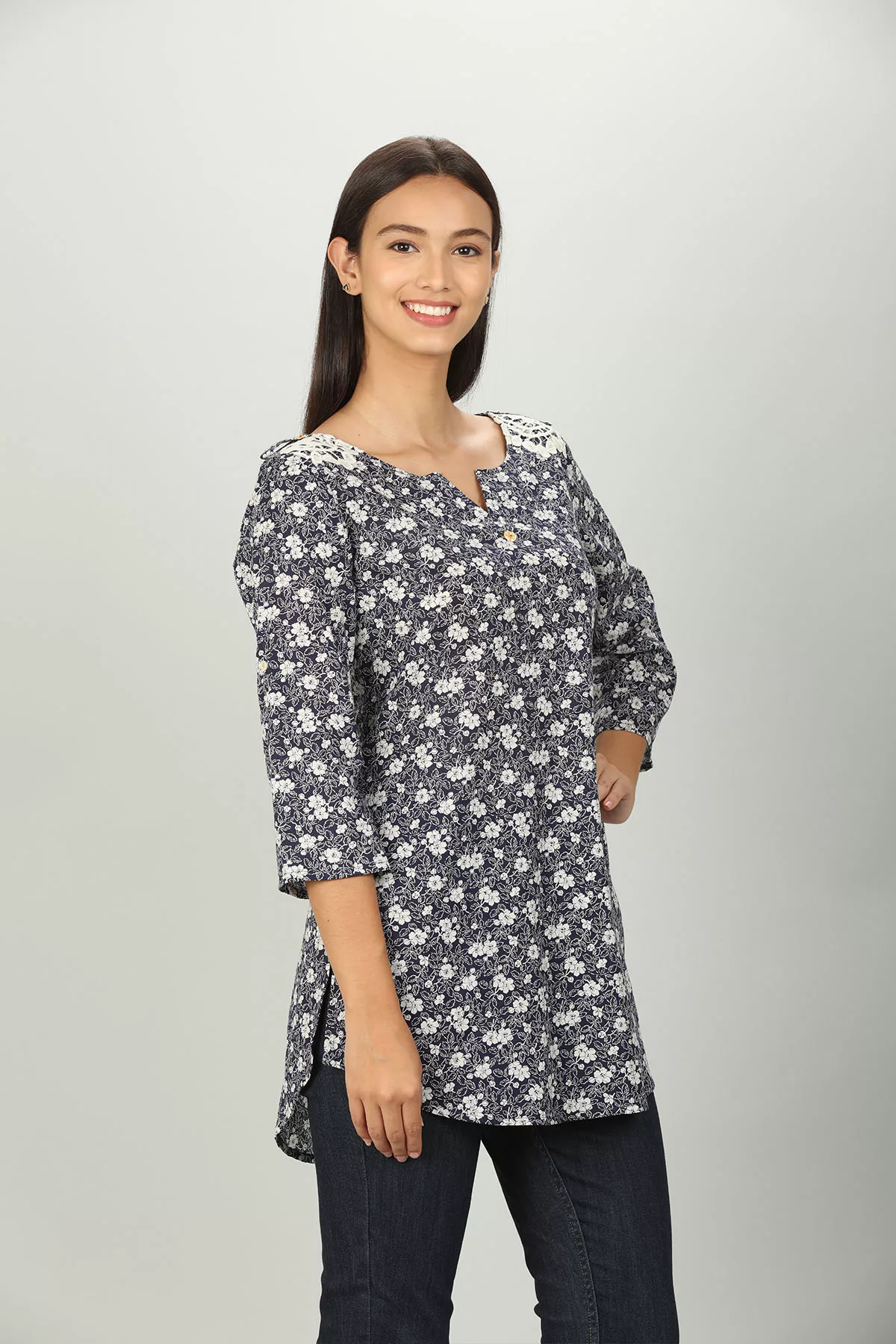 Blue Floral Printed Women Tops Casual