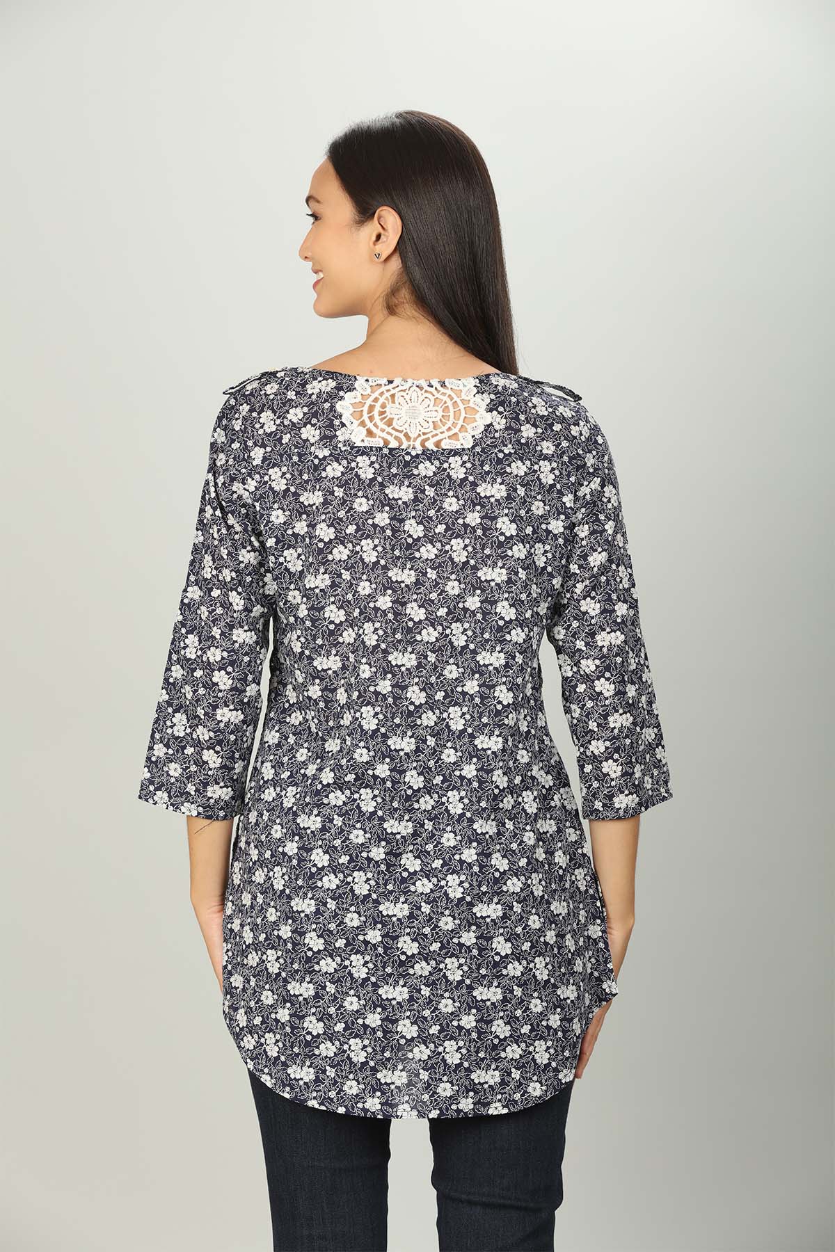 Blue Floral Printed Women Tops Casual