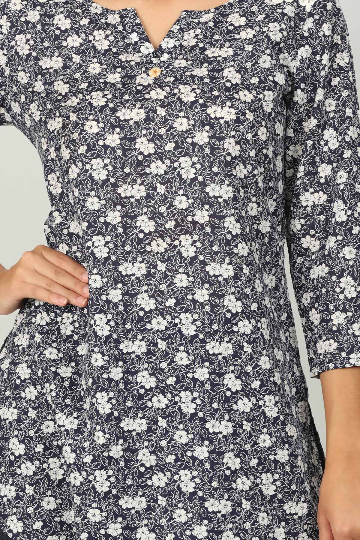 Blue Floral Printed Women Tops Casual