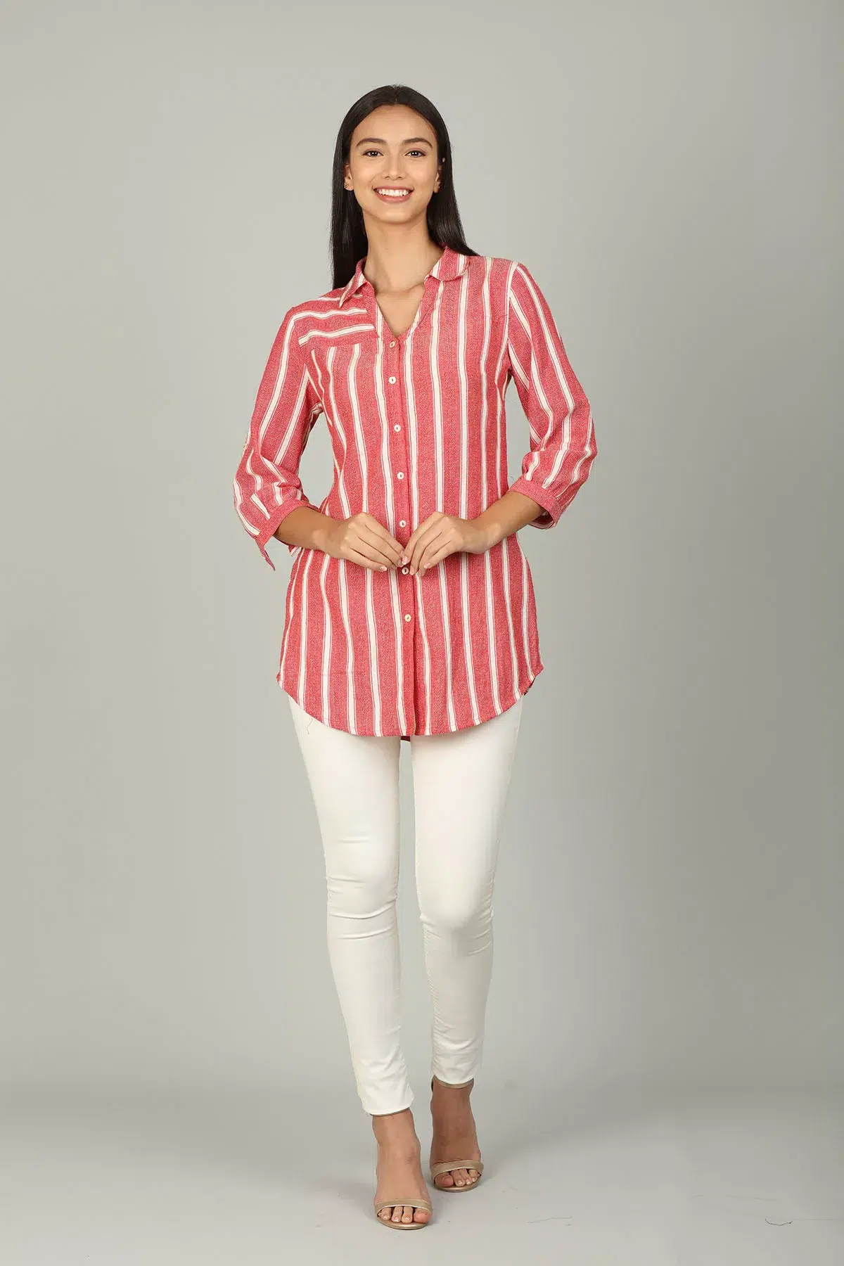 Stripes Light Red Colour Shirt For Women
