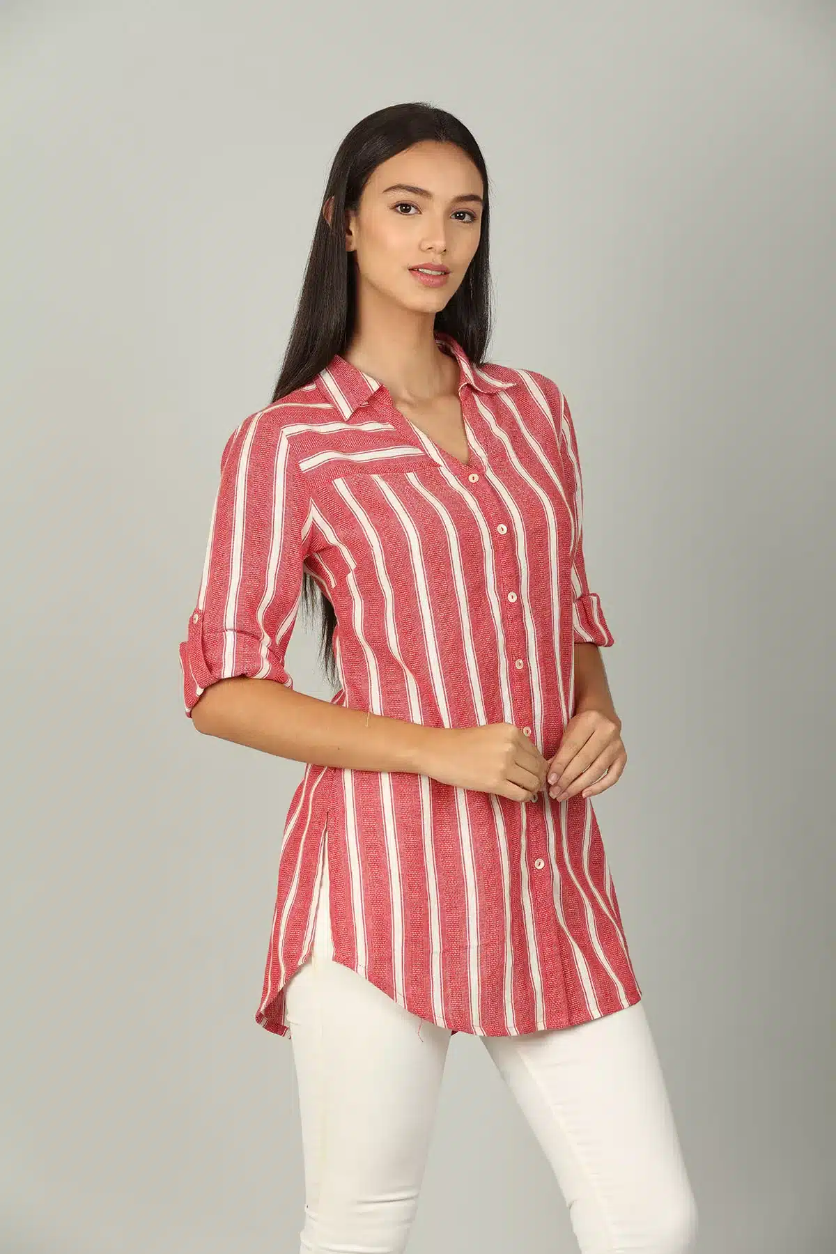 Stripes Light Red Colour Shirt For Women