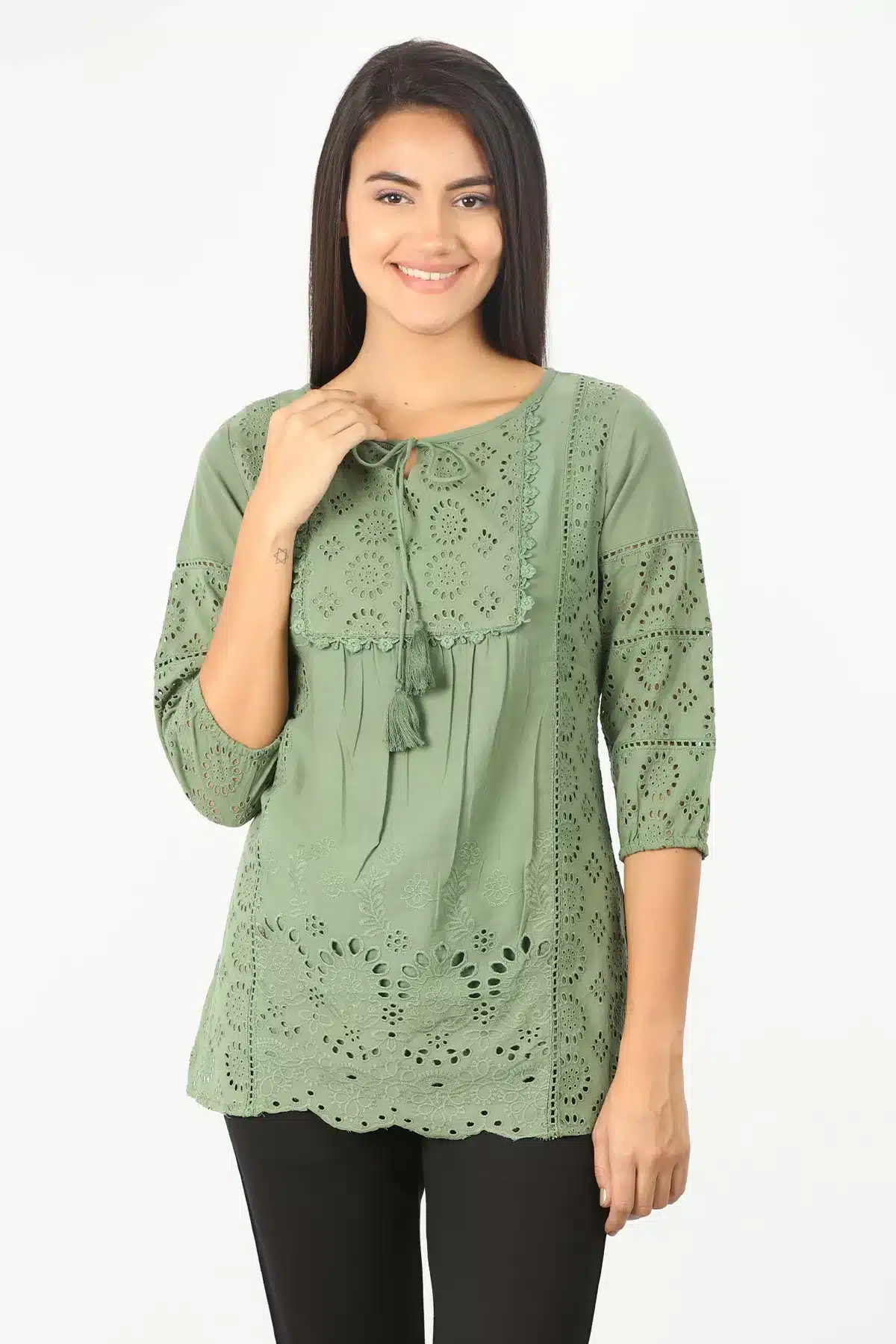 Green Textured Women Tops Latest