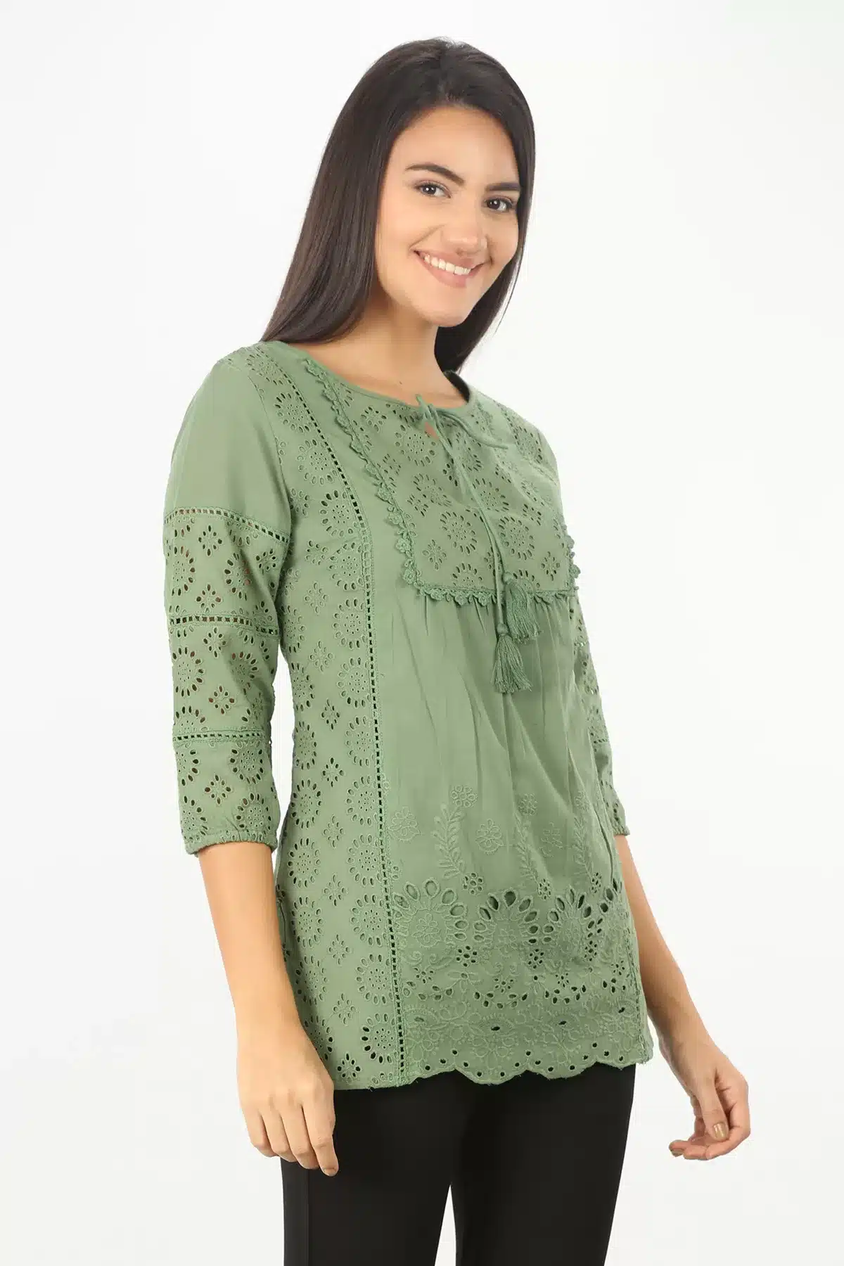 Green Textured Women Tops Latest