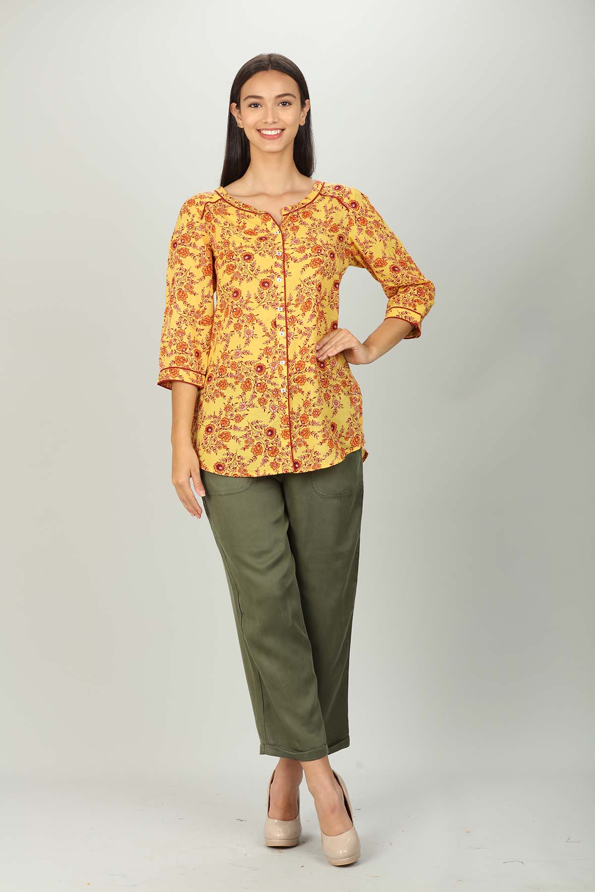Yellow Colour Printed Shirt For Women