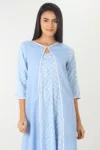 Blue Printed Long Dress With Coat For Women