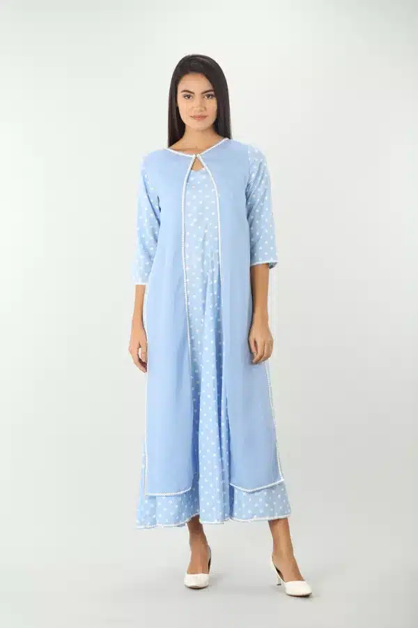 Blue Printed Long Dress With Coat For Women