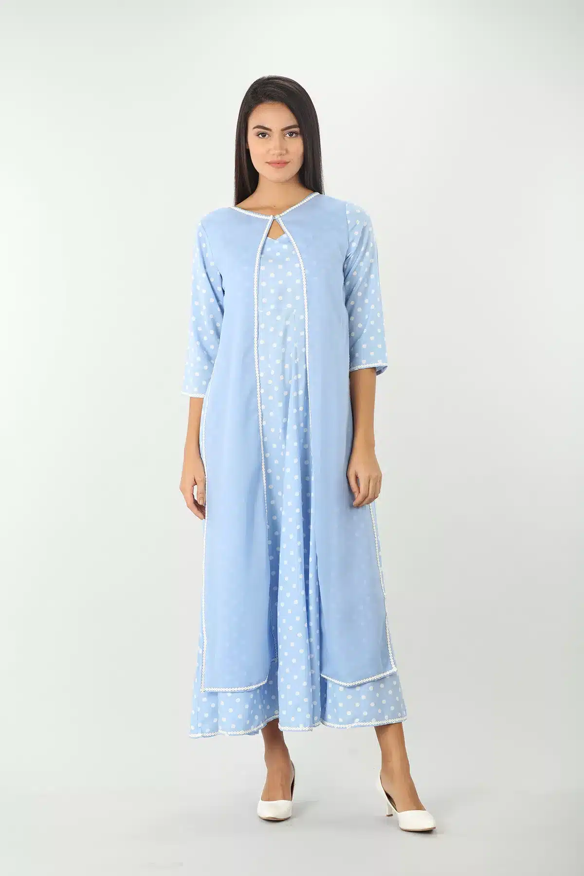 Blue Printed Long Dress With Coat For Women