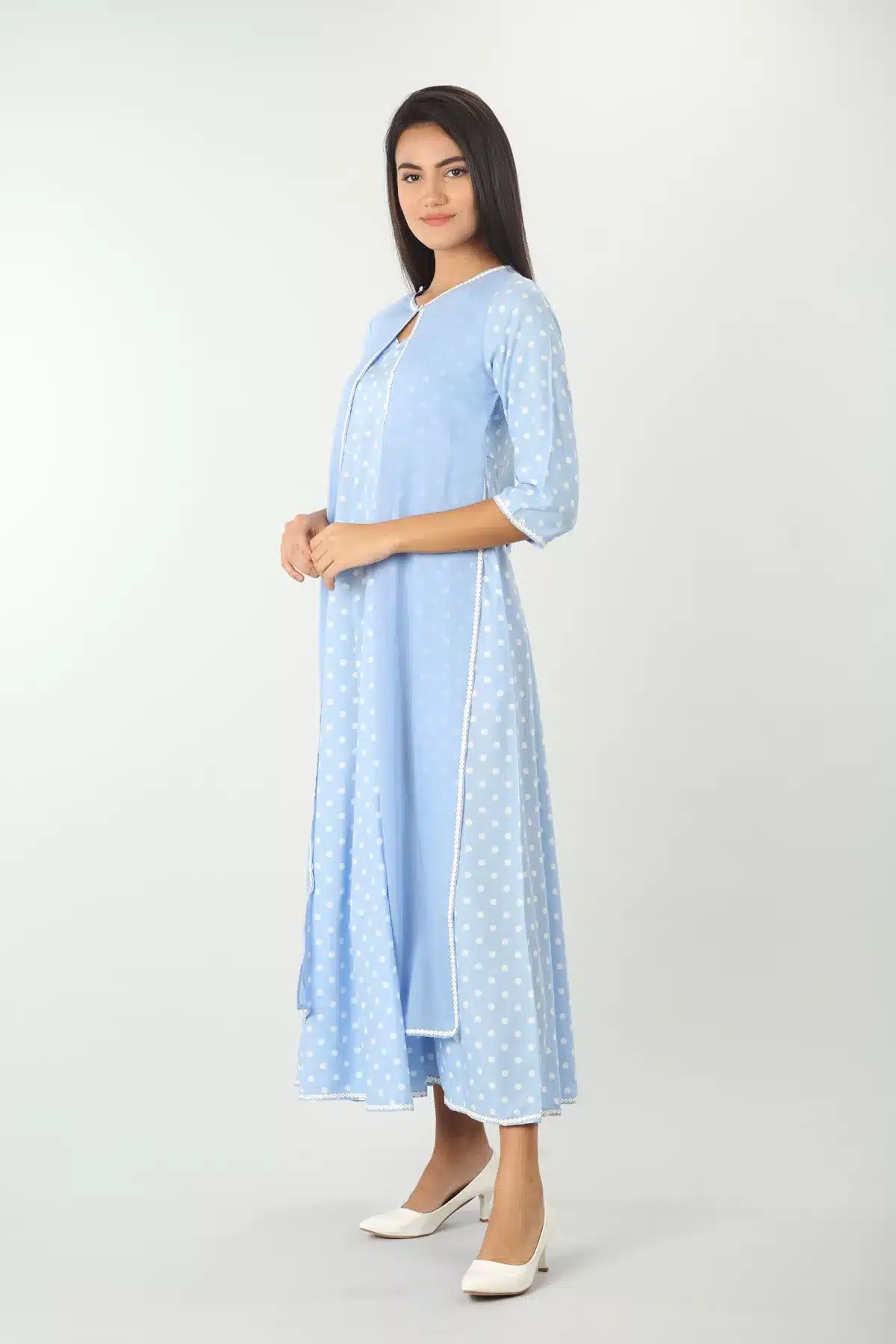 Blue Printed Long Dress With Coat For Women