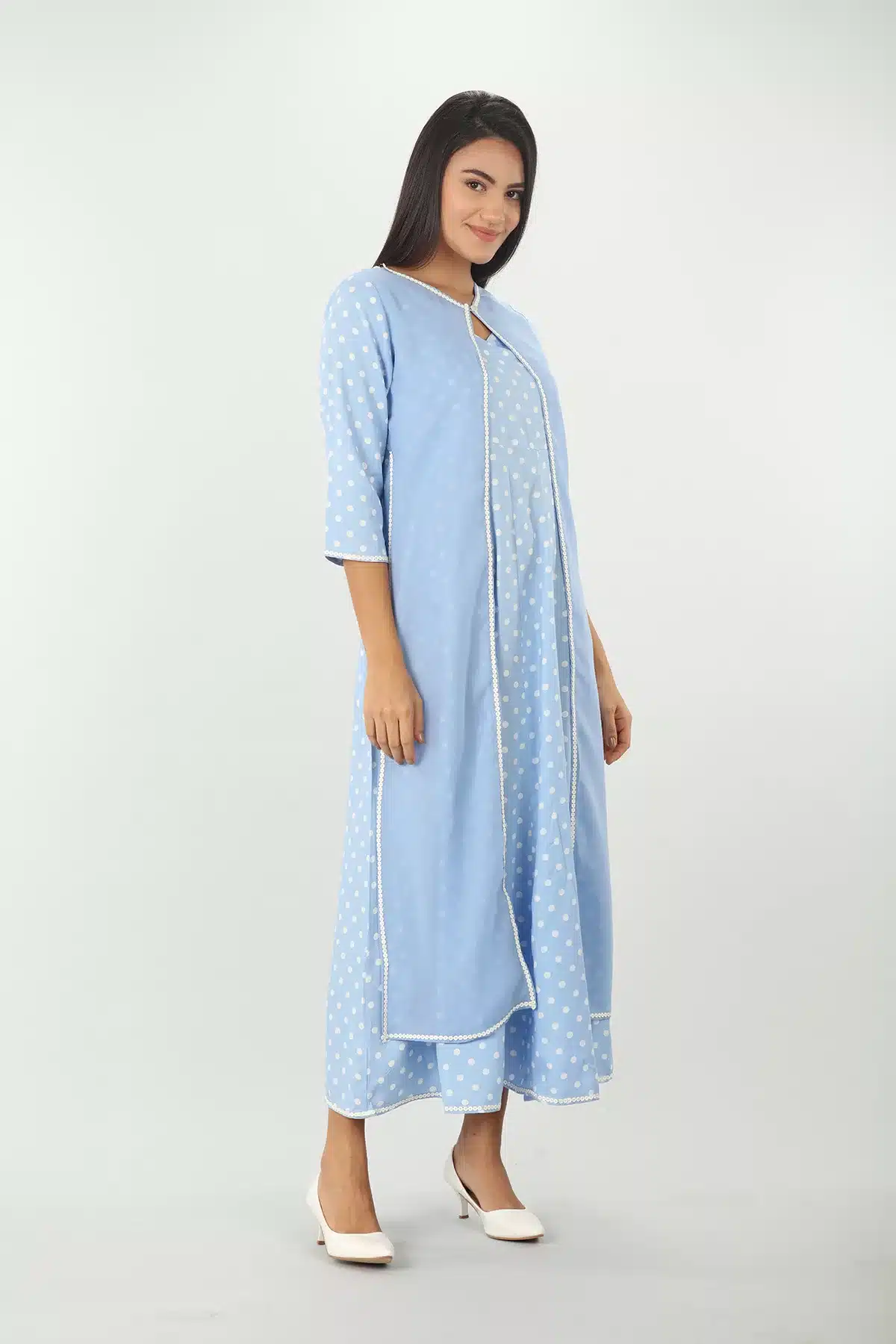 Blue Printed Long Dress With Coat For Women
