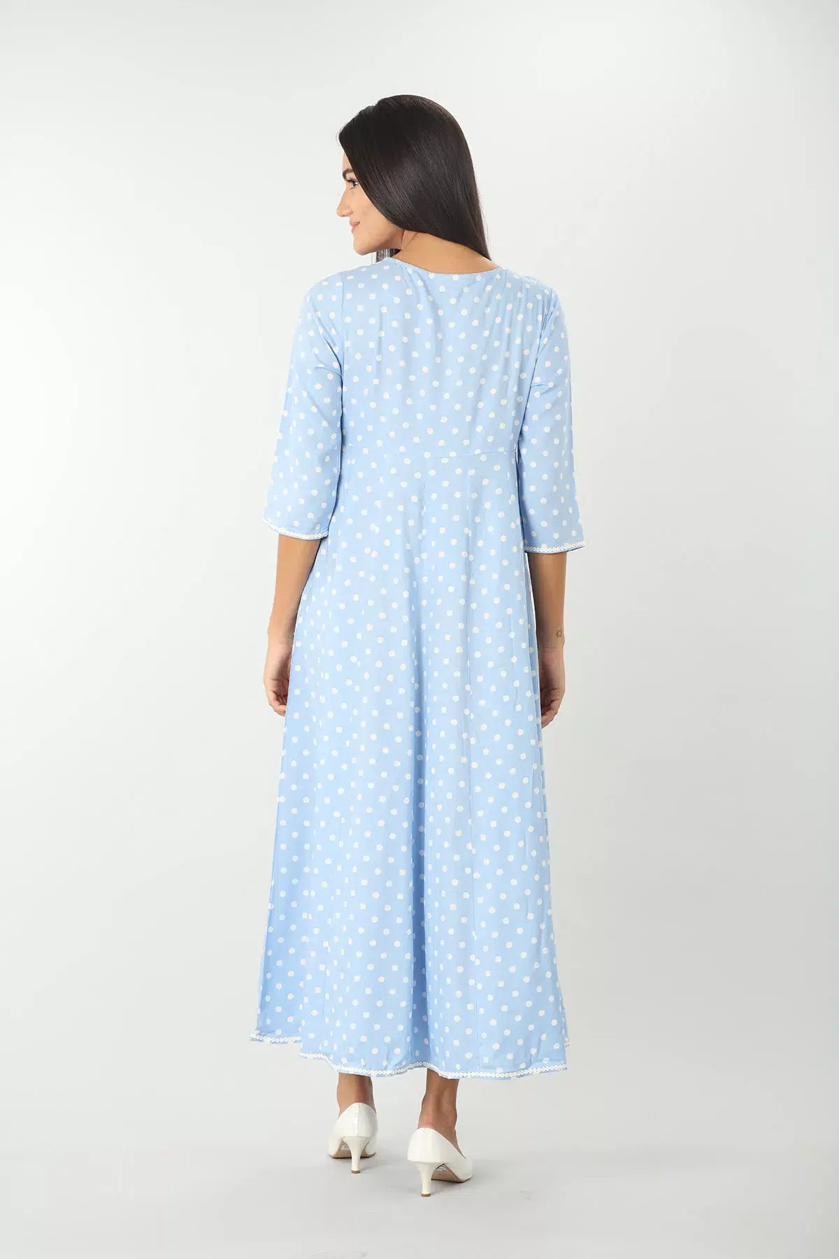 Blue Printed Long Dress With Coat For Women